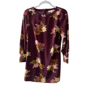 LOFT Petite Long Sleeve Floral Dress Burgundy